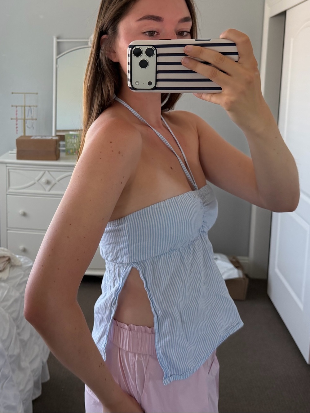Brandy Melville Light Blue and White Seersucker Strapless Tie-Front Tube Top - Picture 3 of 5